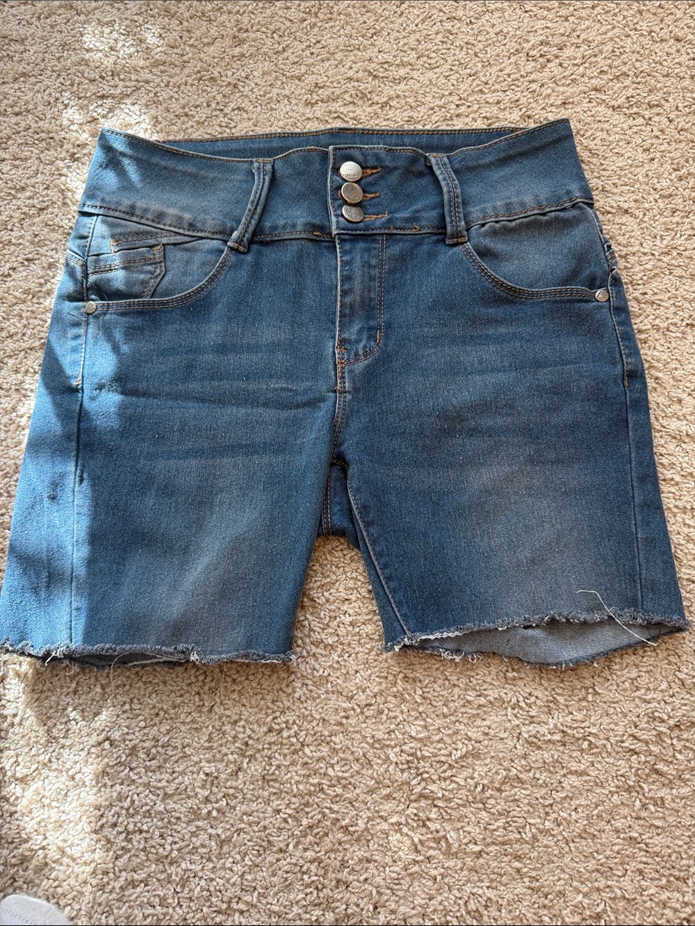 High-Rise Medium Blue Denim Jean Shorts with Triple-Button Waist